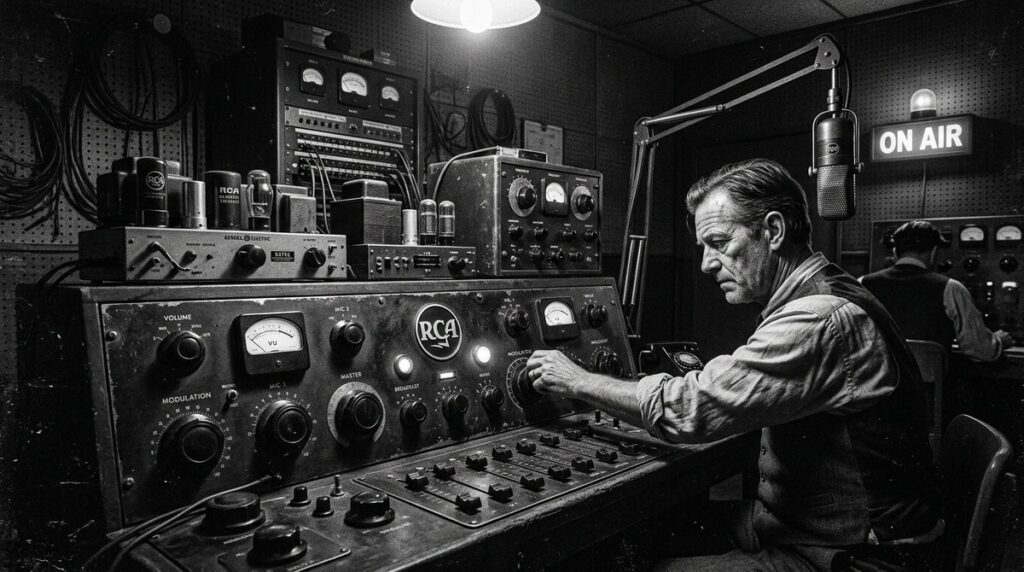 Controles y equipamiento vintage de estudio de radio de la época dorada, simbolizando la fusión entre tradición radiofónica y modernidad La combinacion perfecta de informacion global y local