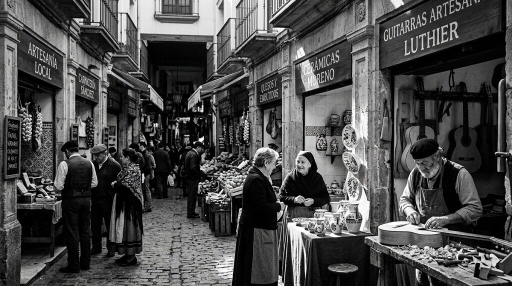 Pequeños comerciantes y artesanos en mercado tradicional español, representando el tejido empresarial que impulsa la economía local Un escaparate para pymes y autonomos